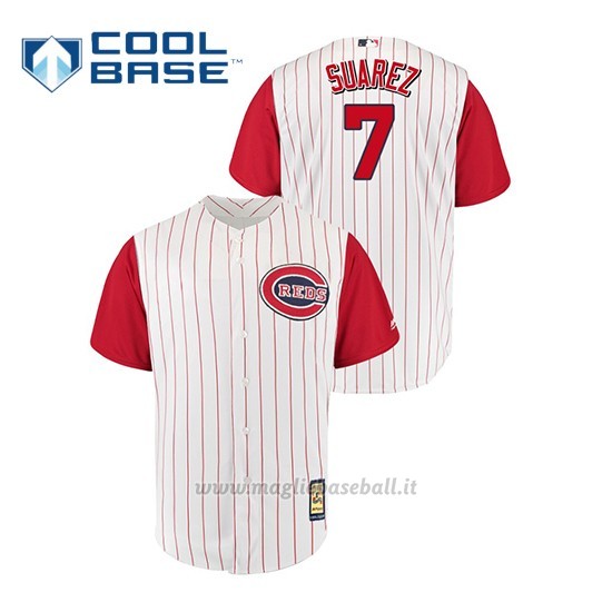 Maglia Baseball Uomo Cincinnati Reds 7 Eugenio Suarez Throwback 1961 Cool Base Bianco Rosso